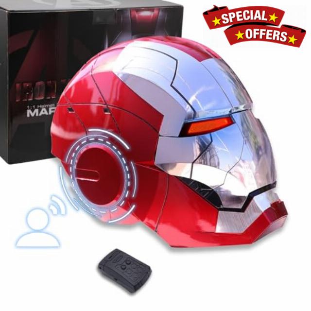 Adult Iron-Mans Helmet Electronic MK 5 Helmet with Jarvis Voice/Sensing/Remote Control Open/Close Sounds & LED Eyes Light Up Super Hero Movie 1:1 Model for Halloween