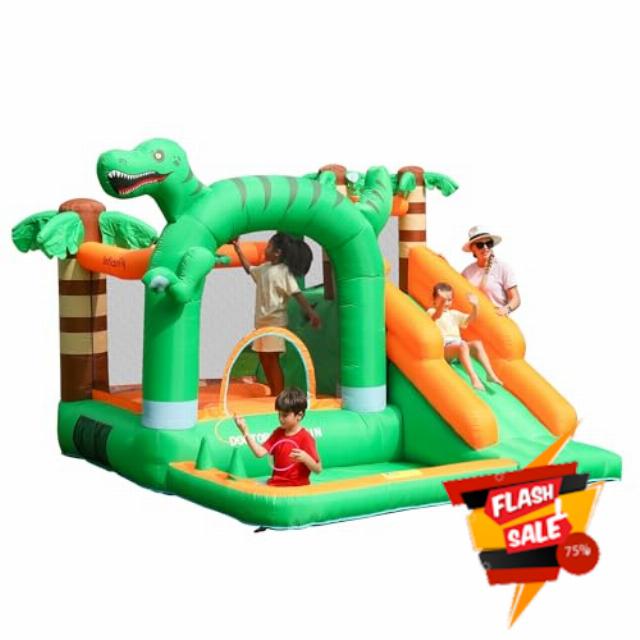 INFLATEFLY Bounce House Kids Bouncy Castle with Ball Pit Dinosaur Themed Inflatable Bouncer with Long Slide Air Blower for Backyard