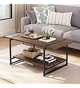 2-Tier Farmhouse 41'' Large Gray Wood Coffee Table with Storage Shelf -Modern Rustic Metal Rectan...