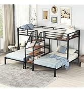 Livavege Twin Over Twin Triple Bunk Bed with Ladders and Full-Length Guardrail, Metal Bunk Beds f...