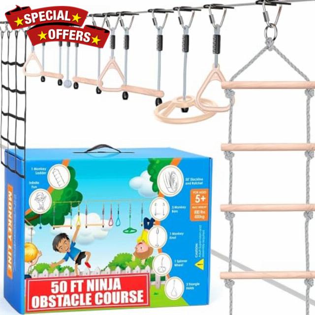 Ninja Warrior Obstacle Course for Kids - 2 x 50 ft - Up to 880 Lbs - 10 Weatherproof Obstacles - Ages 5-12 | Setup on Trees or Posts | Ninja Course for Kids Outside