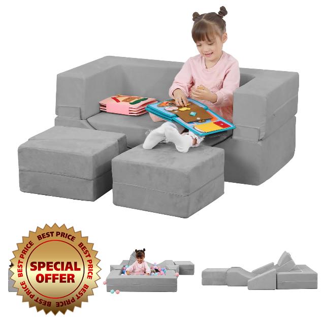 GudoInsole Play Couch Sofa for Kids Tunnel Fold Out Sofa Convertible Lounger Sofa Foam Playset for Creative Child Girls and Boys Playroom (Grey)