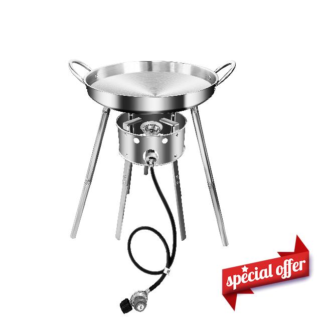 TewaX 21" Stainless Steel Concave Comal Griddle with Propane Burner Stove and Heavy Duty Stretchable Stand Mexican Style Outdoor Cooking Disc Wok Discada Disc Cooker