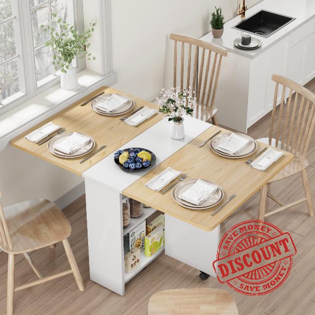 Space Saving Folding Dining Table with 2 Tier Storage-Extendable Drop Leaf Farmhouse Wood Kitchen Dining Room Tables Set for 4