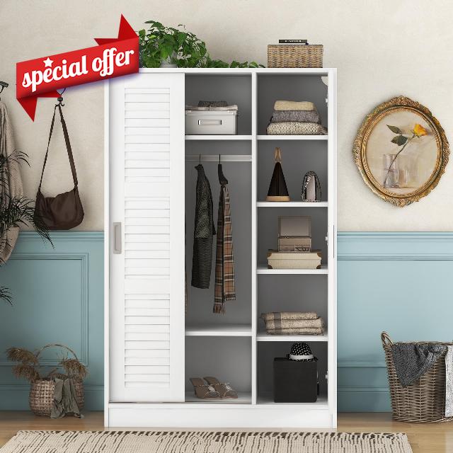 LZ LEISURE ZONE Wardrobe Storage Closet with 3 Shutter Doors and Hanging Rod