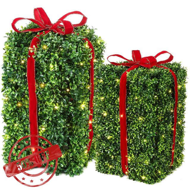 AUMMOOH Light Up Foliage Gift Box Décor – Set of 2 – Whimsical Christmas Decorations – Solar-Powered Warm White LED Lights - Indoor and Outdoor Décor – Festive Ribbon Accents – Eco-Friendly