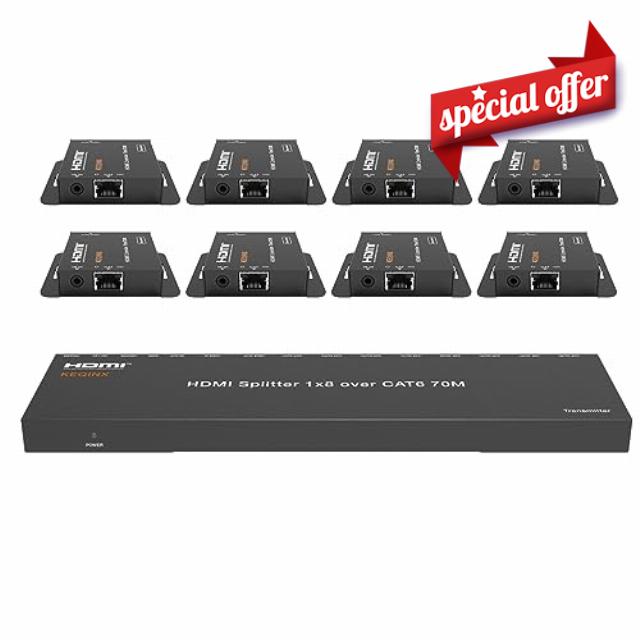 KEQINX 4K 1x8 HDMI Extender Splitter 70m/230ft HDMI Over Ethernet Splitter POC Satellite TV Splitters