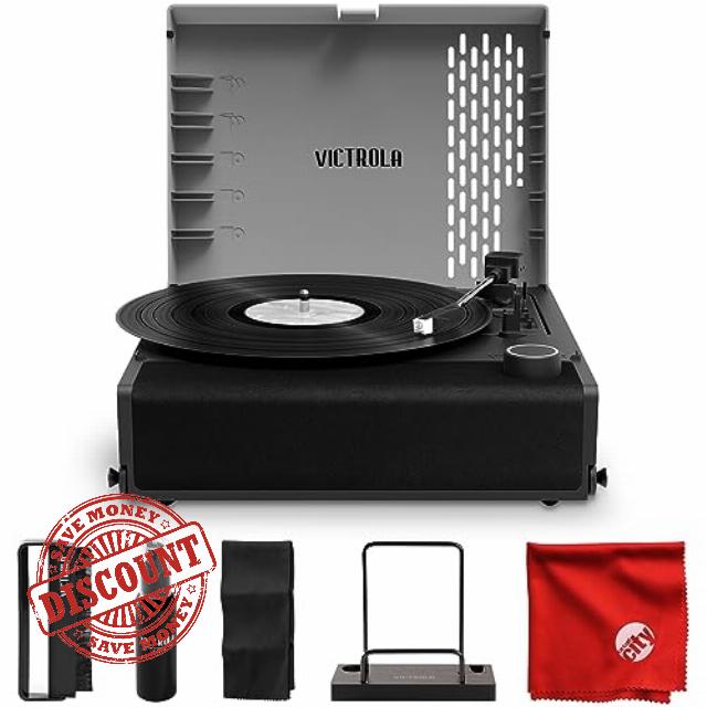 Victrola Revolution GO Portable Record Player Bundle with Victrola Record Cleaning Kit and Circuit City Microfiber Cleaning Cloth - Slate Gray