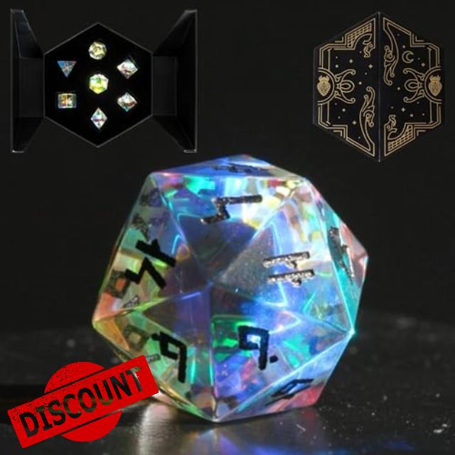 HEIMDALLR Prismatic Glass Dice Set with First Ever LED Display Case - 7-PC 16mm Hand-Painted Gemstone DND Dice Set with Gift Dice Box - Dungeons and Dragons Dice Set (D&D Dice Set) (Black)