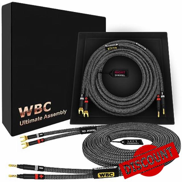 WORLDS BEST CABLES 25 Foot Ultimate - 10 AWG - Ultra-Pure OFC - Premium Audiophile HiFi Speaker Cable Pair with Eminence Gold Banana (x2) & Spade (x2) Plugs & Carbon Tweed Jacket