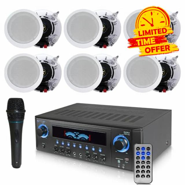 Technical Pro 1000 Watts Professional Home Theater Receiver System Kit w Portable Microphone with Digital Processing and Remote 6 Qty of 5.25” Ceiling Wall Mount Framed Speakers