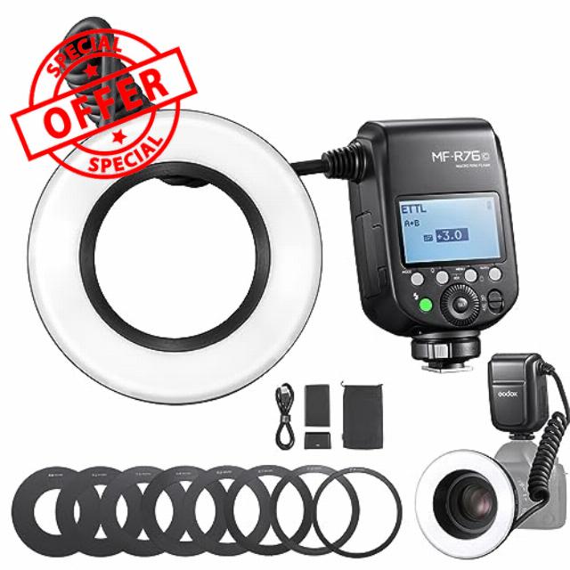 GODOX MF-R76C Macro Ring Flash for Canon TTL/M Mode CCT 5900K 76Ws 2.4G Wireless Control 550 Full-Power Flashes 0.1-1s Recycle Time Dual-Flash Tubes with LCD Screen for Inscet Plant Jewelry Shooting