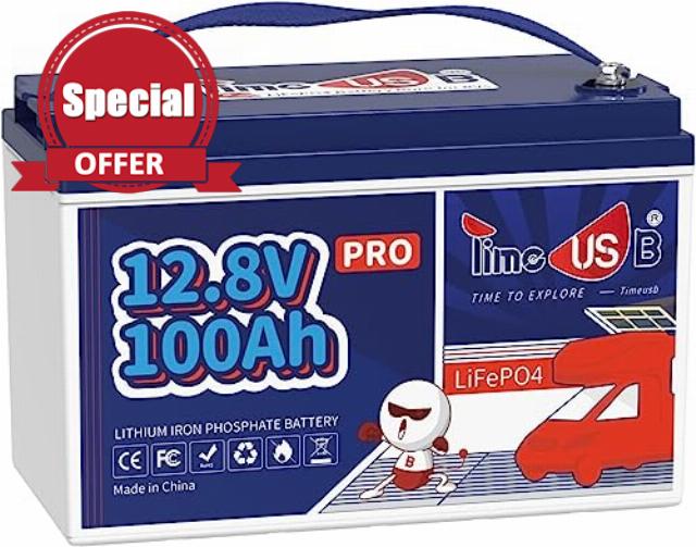 Timeusb LiFePO4 Battery 12V100Ah Deep Cycle Battery with Upgraded 100A BMS Compact Lithium Battery for Off-Grid Applications RVs Marine TravelT Railer Camping- Like New
