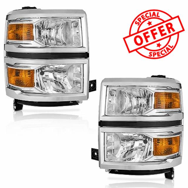 WEELMOTO Headlights Assembly For 2014-2015 Chevrolet Silverado 1500 Headlight Assembly Replacement For 2014 2015 Chevrolet Silverado 1500 Headlamp Chrome Housing Amber Reflector Left + Right Side