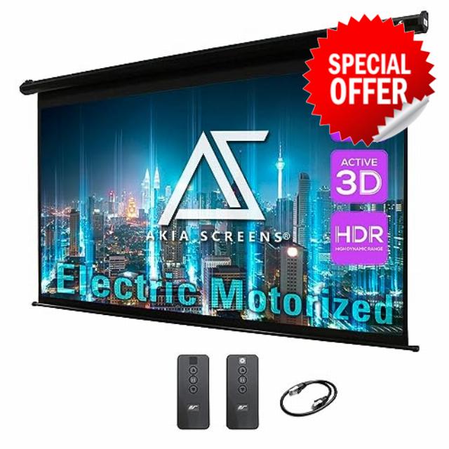 Akia Screens 125 inch Motorized Projector Screen Electric Drop Down Remote Controlled 16:9 8K 4K HD 3D Retractable Ceiling Wall Mount Black Projection Screen Office Home Movie Theater 125H2