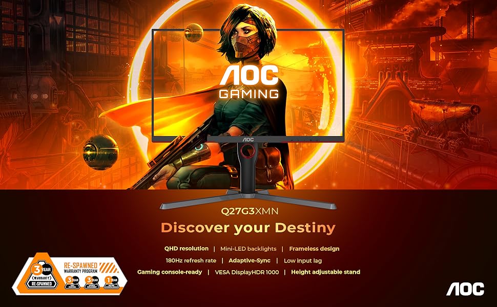 AOC QHD resolution 180Hz gaming monitor with DisplayHDR 1000 & height adjustment