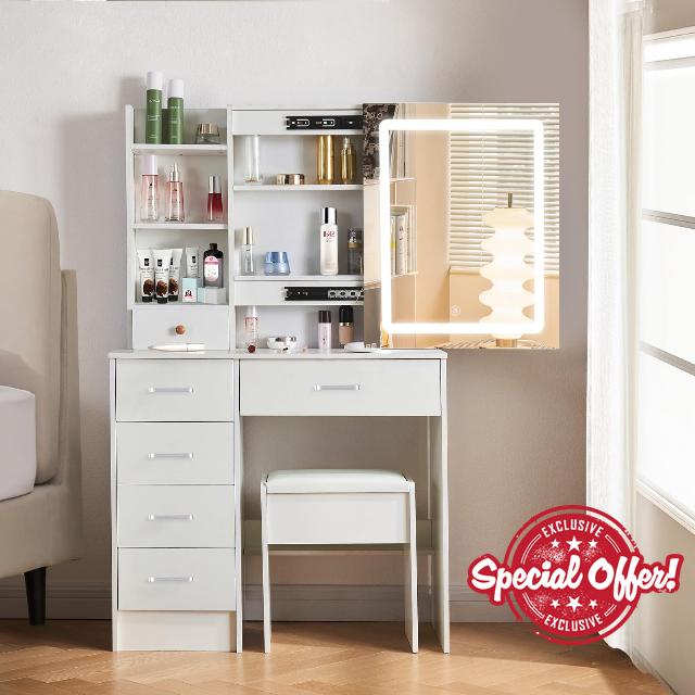 onesaimei Makeup Vanity Table with Drawers and LED Lights