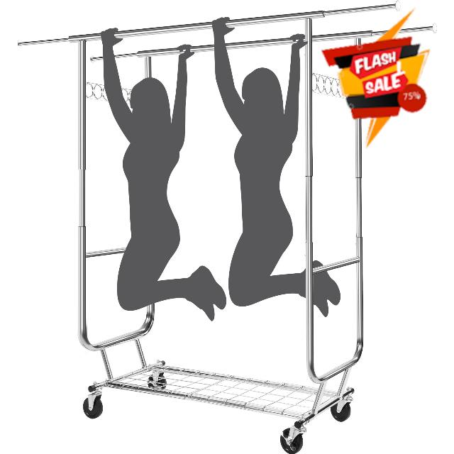Rengue Double Rack Heavy Clothes Duty Holds 610LBS Rolling Clothing Racks for Hanging Clothes Portable Clothes Rack Metal Clothing Rack with Wheels Collapsible Commercial Garment Rack Heavy Duty