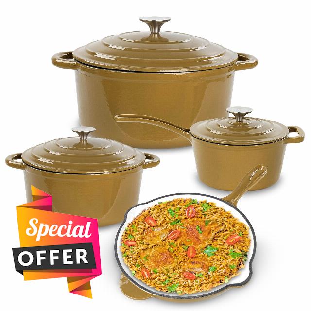 Lot45 Enameled Cast Iron Cookware Set - 7 Piece Non-Stick Ceramic Coated Cast Iron Skillet