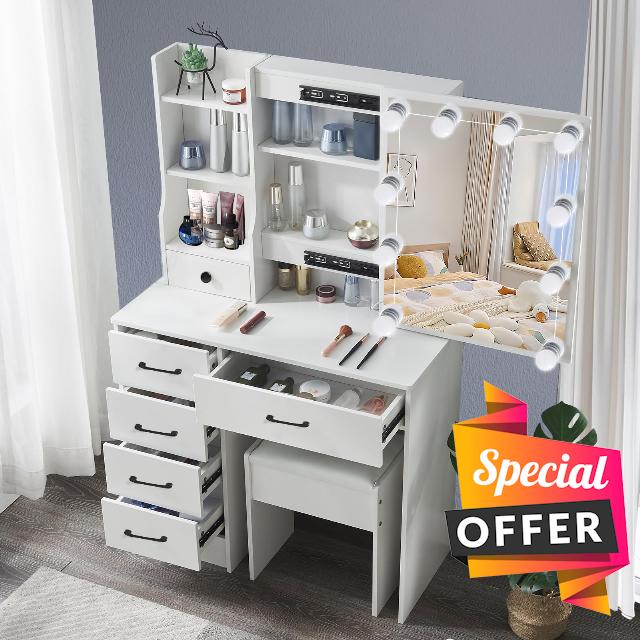 Caulitar Vanity Desk with Mirror and Lights