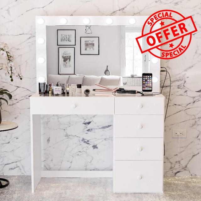 Boahaus Alana White Makeup Vanity Desk with Mirror and Lights