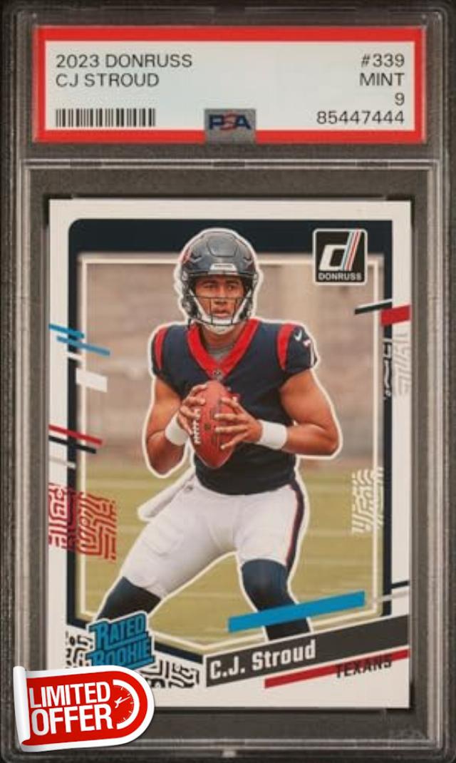 MINT C. J. STROUD DONRUSS #339 FOOTBALL ROOKIE CARD GRADED PSA MINT 9 TEXANS SUPERSTAR QUARTERBACK ROOKIE OF THE YEAR FAVORITE