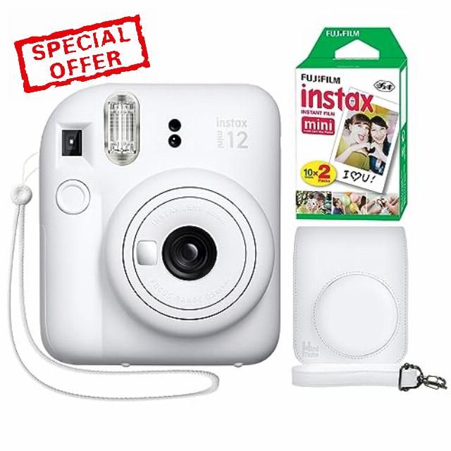 Fujifilm Instax Mini 12 Instant Camera Clay White + Minimate Custom Case + Fuji Instax Film 20 Sheets Twin Pack