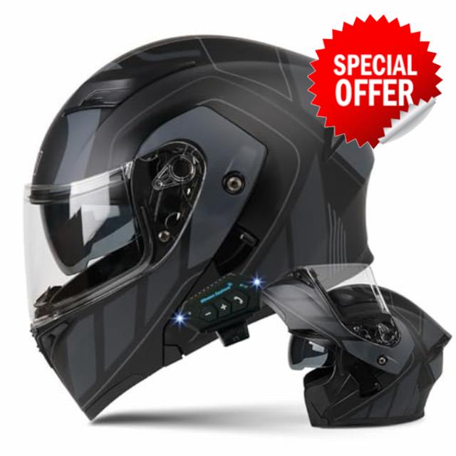 Bluetooth Modular Motorcycle Helmet DOT Approved Anti-Fog Double Visor Full Face Flip Up Motorbike Helmet Built-in Speaker Microphone for Automatic Answering Adults Men and Women