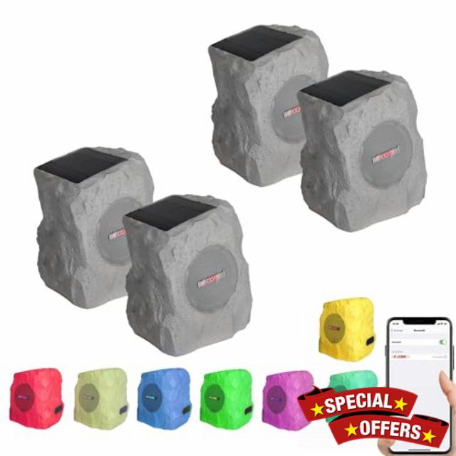 5 CORE Rock Garden Wireless Outdoor Speakers 4 Pack IPx6 Waterproof Weatherproof TWS Bluetooth 5.3 Speaker w Solar & USB Charging 7 LED Lights 6 Hr Playtime for Landscape Patios Decks Poolside Gray