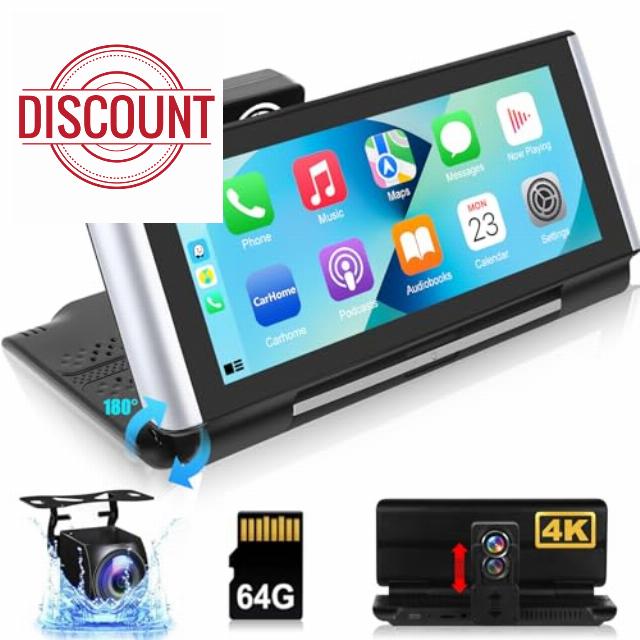 Carplay Screen for Car with 4K Dash Cam - Wireless Apple Carplay and Android Auto - 6.86 Inch Foldable Portable Car Stereo with FM Transmitter/Bluetooth/Loop Recording + AHD Backup Camera