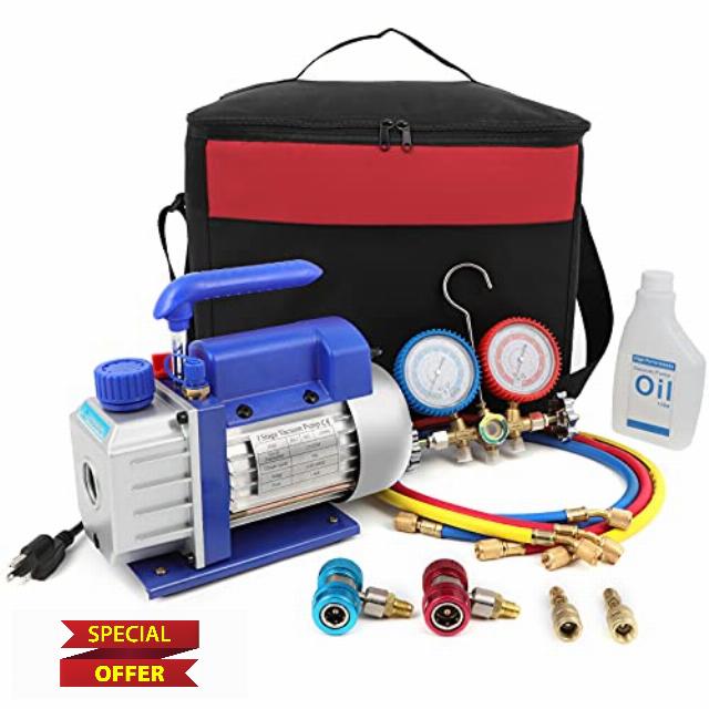 FAHKNS 110V 3.5 CFM 1/3HP Single Stage Rotary Vane HVAC Air Vacuum Pump with Oil Bottle for HVAC/Auto AC Refrigerant Recharging
