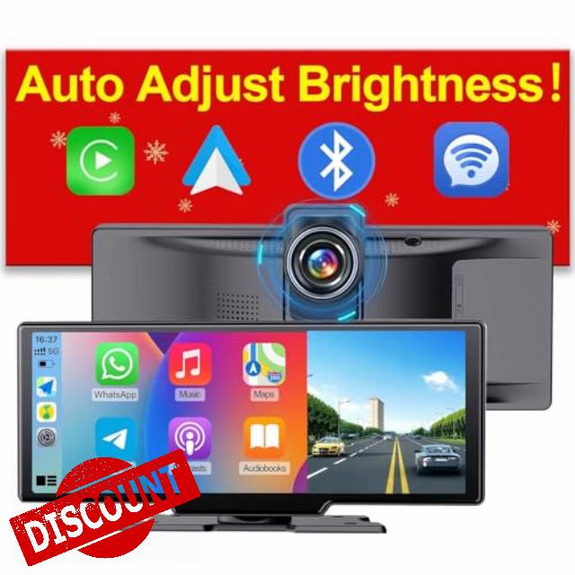 10 Inch Wireless Portable Apple Carplay Screen for Car Plug in.4k Dash Cam with Android Auto. Portable Car Stereo. Car Play Box Dash Mount