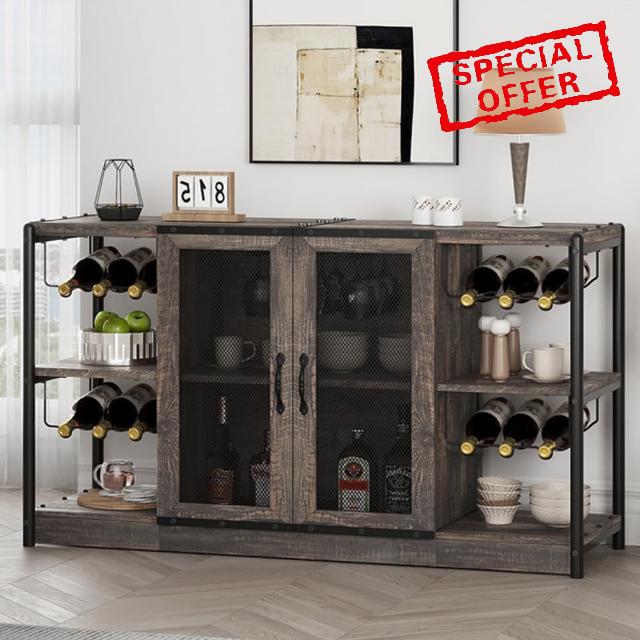 IDEALHOUSE 2024 New Wine Bar Cabinet – Industrial Liquor Cabinet with Storage and Wine Rack – Elegant and Practical Dark Oak Color Home Bar Furniture for Dining Room