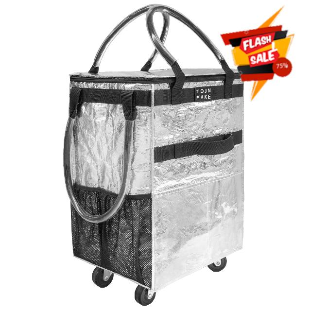 TOJNMAKE Reusable Grocery Bag On Wheels Shopping Trolley with 8 Pockets and Zipper Cover Foldable Rolling Tote