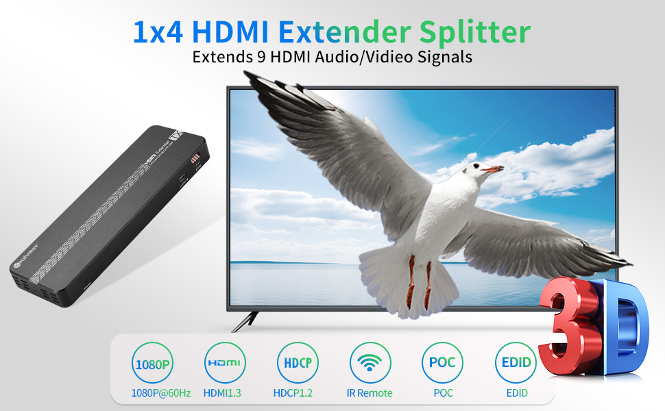 1x4 HDMI Extender Splitter Over Ethernet up to 196ft, HDMI Splitter 1 in 9 out Extender