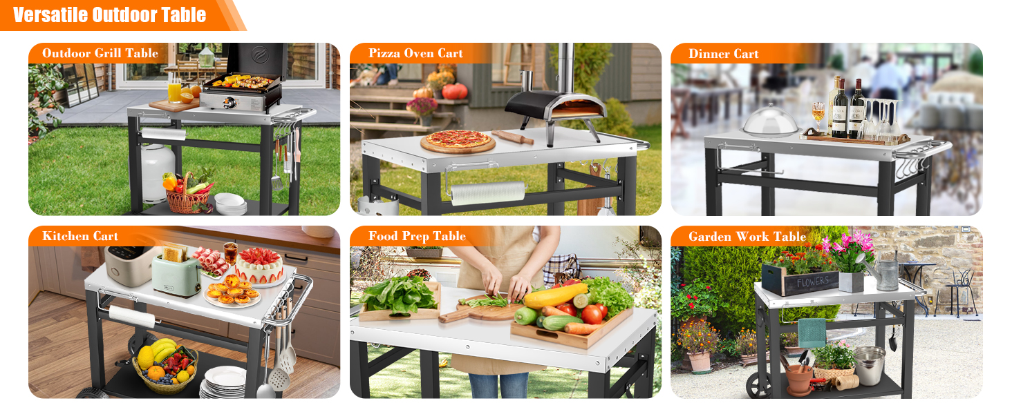 GRILL FORCE Outdoor Grill Cart Table,Movable Dining Cart Table, Pizza Oven Table Stand,Food Prep