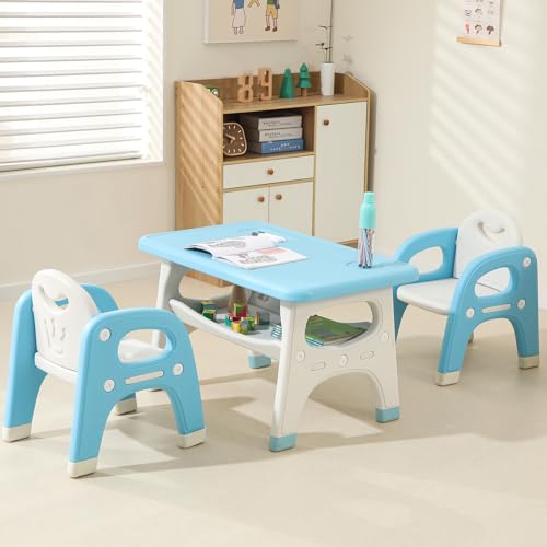 Toddlers Table and Chairs Set with Large Built-in Storage Shelf