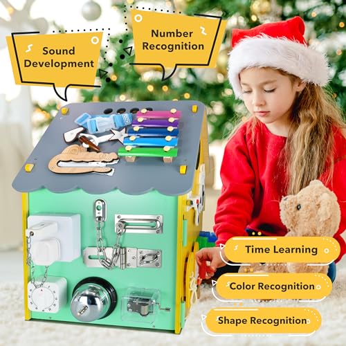 Pre Assembled Montessori Busy Board for Toddlers with 32 Sensory Activities | Wooden Activity Cube for Kids with Storage Space | Baby Activity Cube 3+ Years
