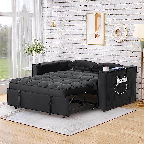 Velvet Upholstery Convertible Sleeper Sofa Bed with Cupholders and USB Ports