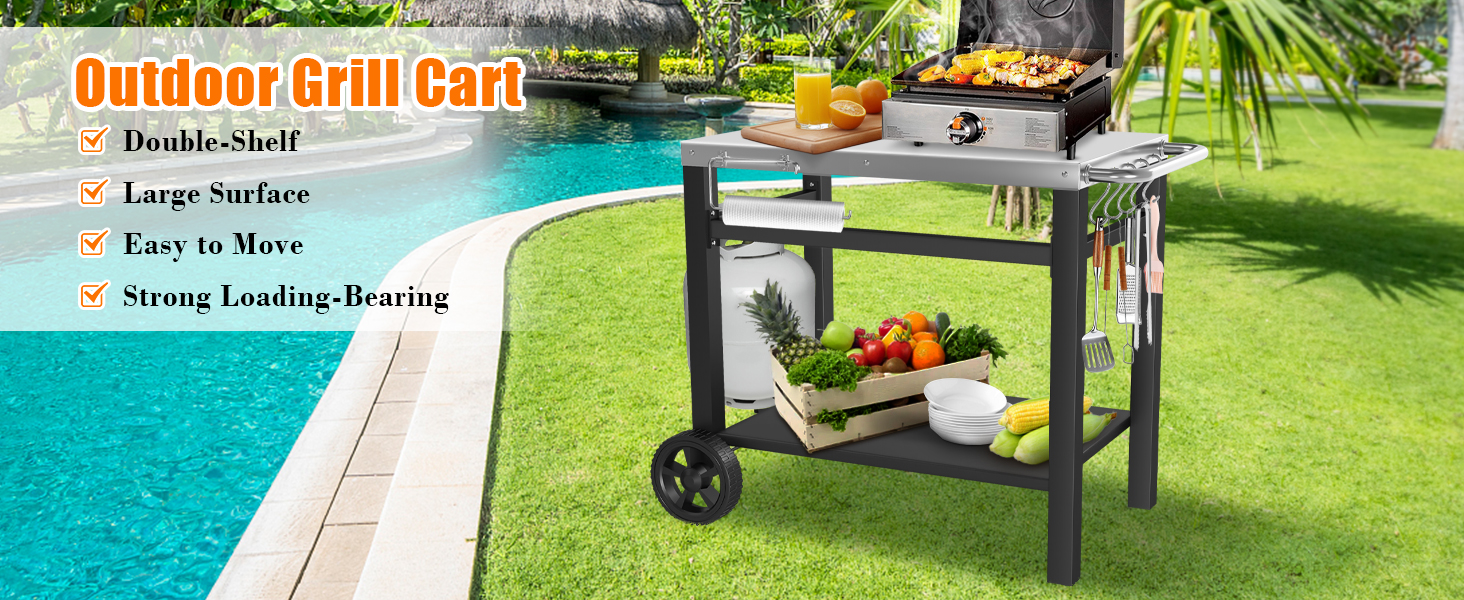GRILL FORCE Outdoor Grill Cart Table,Movable Dining Cart Table, Pizza Oven Table Stand,Food Prep