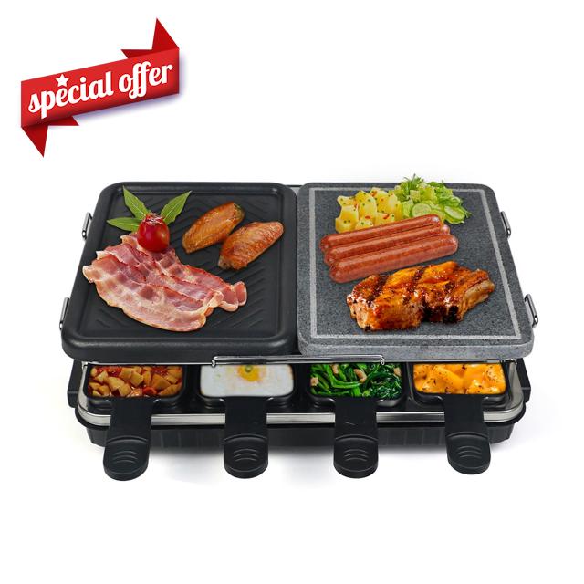 Dual Raclette Table Grill w Non-Stick Grilling Plate & Cooking Stone- 8 Person Electric Tabletop Cooker for Korean BBQ- Melt Cheese