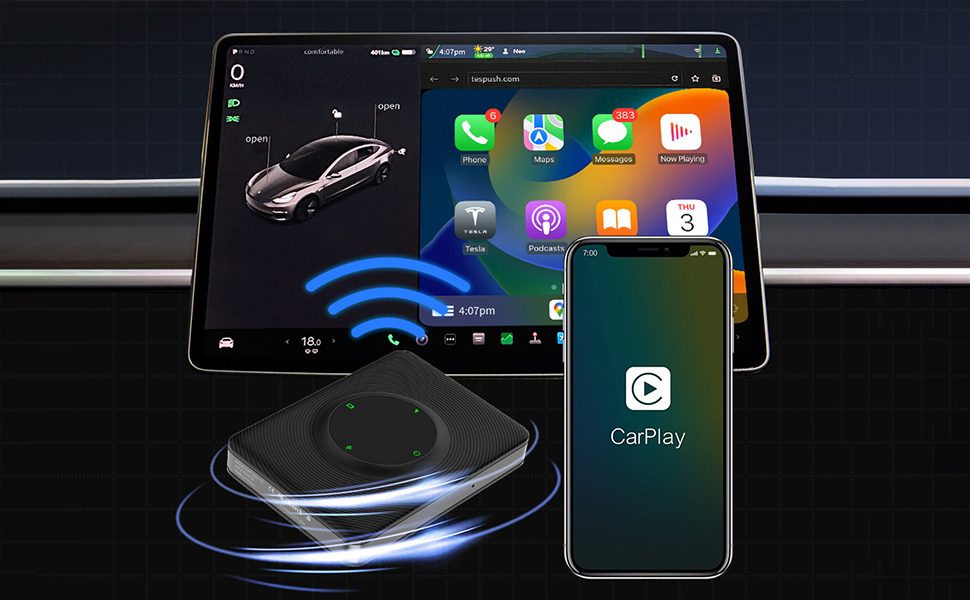 tesla carplay,carplay wireless adapter for tesla,model 3,model Y,model X,model S,radio,display