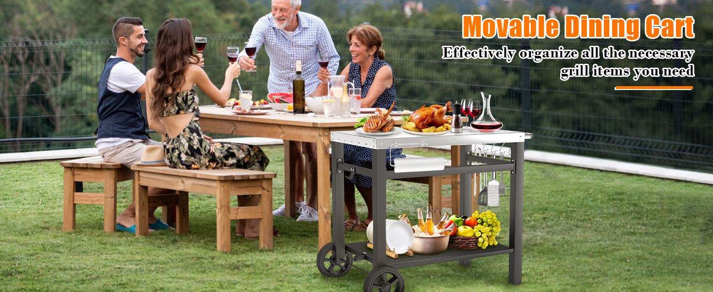 GRILL FORCE Outdoor Grill Cart Table,Movable Dining Cart Table, Pizza Oven Table Stand,Food Prep