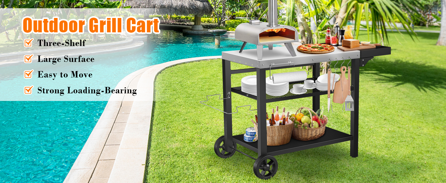 Grill Cart,Outdoor Grill Table,Pizza Oven Stand Table,Three-Shelf Food Prep and Work Cart