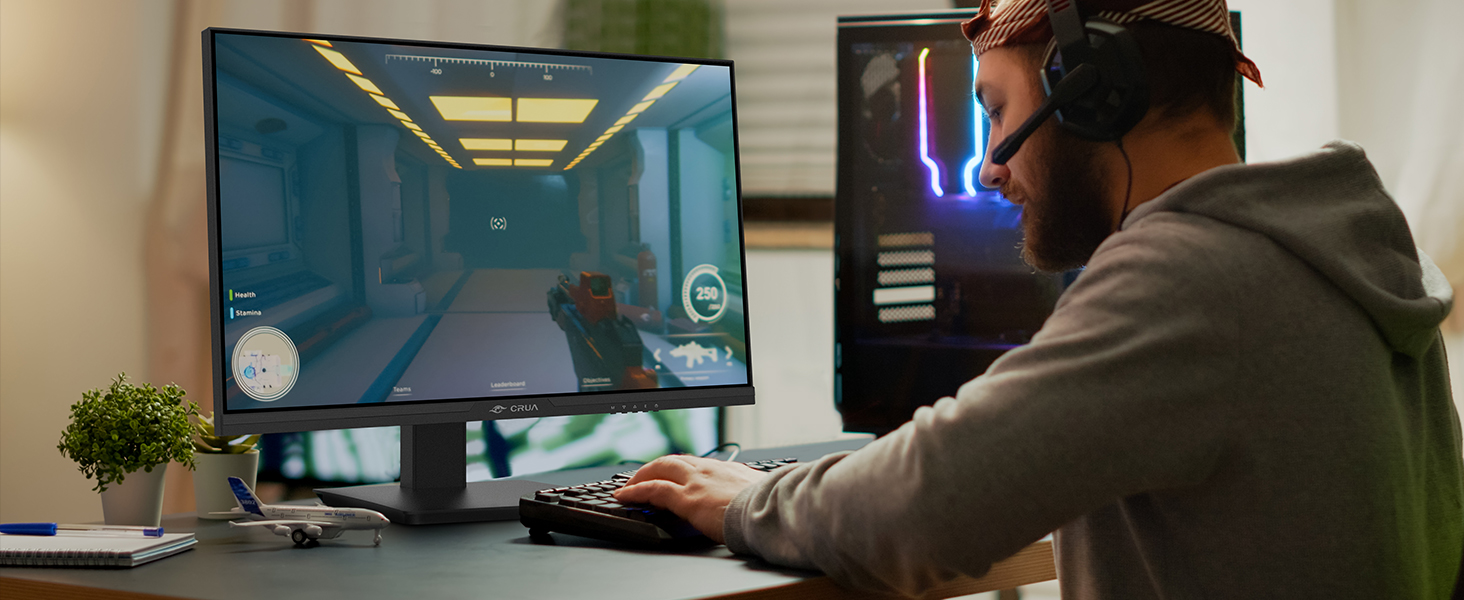 Use the CRUA 24.5-inch monitor to switch between entertainment and work.