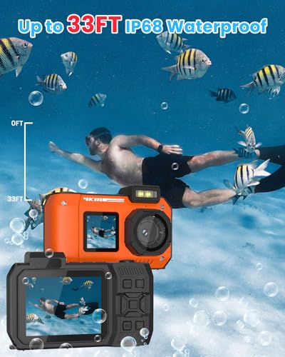 65MP Autofocus Selfie Dual-Screen Underwater Camera for Snorkeling Waterproof Compact Floatable Digital Camera with 64GB Card(Orange)