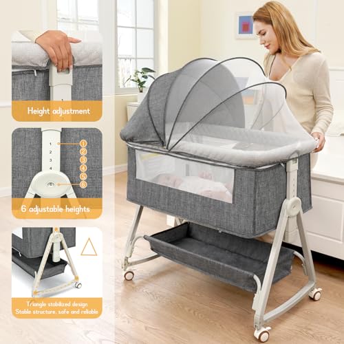 3 in 1 Bassinet,Adjustable Height Bassinet Bedside Sleeper Bedside Sleeper with Storage Basket and Wheels,Safety CPC Certified