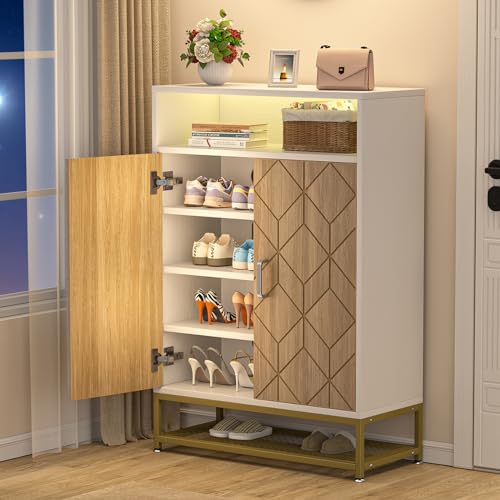 Wooden Shoes Rack Organizer with Metal Legs and Led Light