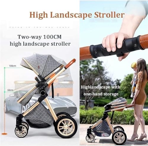 3 in 1 Baby Strollers Lightweight Foldable Toddler Pushchair Stroller High View Infant Pram with Seat Rain Cover Mosquito Net Mat (Color : Beige)