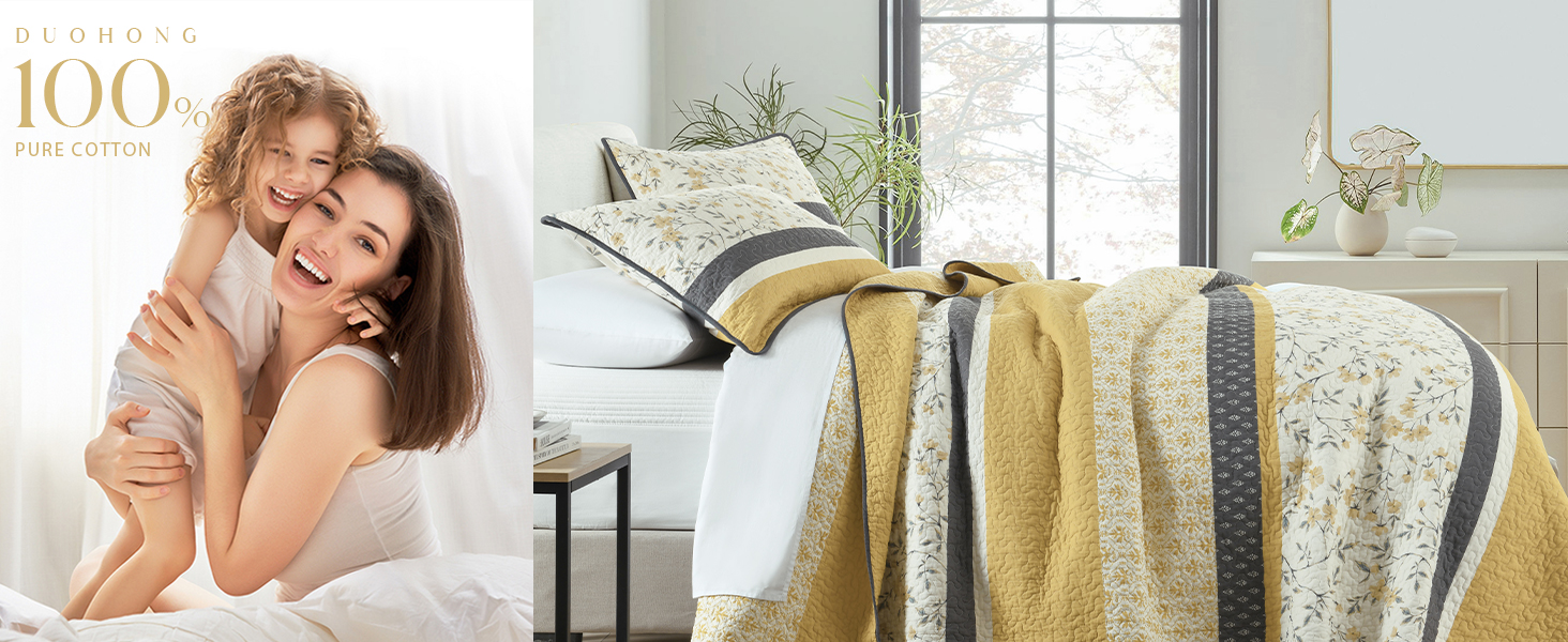 cotton quilt set bedspreads comforter yellow gray